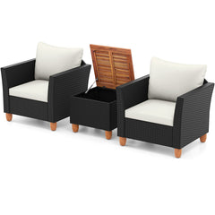 3 Pieces Patio Wicker Furniture Set with Cushions and Acacia Wood Coffee Table Outdoor