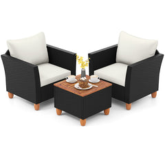 3 Pieces Patio Wicker Furniture Set with Cushions and Acacia Wood Coffee Table Outdoor