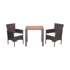 3 Pieces Patio Wicker Furniture Set wih Acacia Wood Table Top and Chair Cushiones