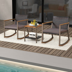 3 Pieces Rattan Rocking Bistro Set with Coffee Table and Cushions