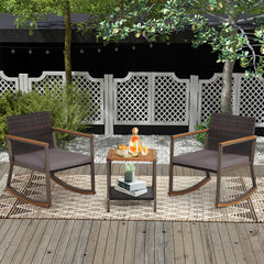 3 Pieces Rattan Rocking Bistro Set with Coffee Table and Cushions