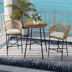 3 Pieces Rope Woven Patio Bar Set with Soft Cushions and Acacia Wood Tabletop