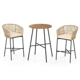 3 Pieces Rope Woven Patio Bar Set with Soft Cushions and Acacia Wood Tabletop