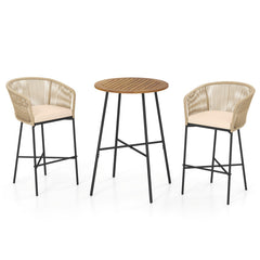 3 Pieces Rope Woven Patio Bar Set with Soft Cushions and Acacia Wood Tabletop
