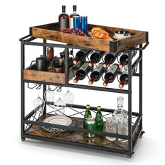 3-Tier Rolling Bar Cart with Removable Tray and Wine Rack