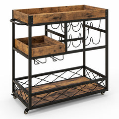 3-Tier Rolling Bar Cart with Removable Tray and Wine Rack