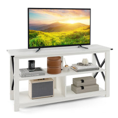 3 Tier Wood TV Stand for 55-Inch with Open Shelves and X-Shaped Frame