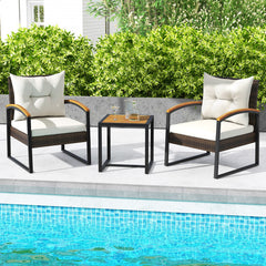 3 Piece Patio Conversation Set with Solid Acacia Wood Armrests and Tabletop