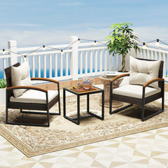 3 Piece Patio Conversation Set with Solid Acacia Wood Armrests and Tabletop