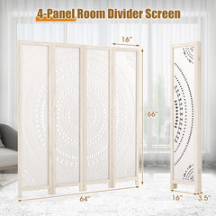 66 Inch Boho 4-Panel Room Divider Privacy Screen with Carved Pattern