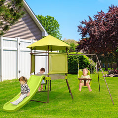4-in-1 Swing Set with Covered Playhouse Fort and Height Adjustable Baby Seat