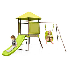 4-in-1 Swing Set with Covered Playhouse Fort and Height Adjustable Baby Seat