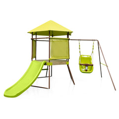 4-in-1 Swing Set with Covered Playhouse Fort and Height Adjustable Baby Seat