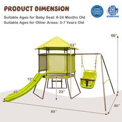 4-in-1 Swing Set with Covered Playhouse Fort and Height Adjustable Baby Seat