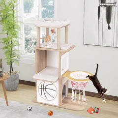 47 Inches Wooden Cat Tree with 2-Story Cat Condo and Basketball Hoop Hammock