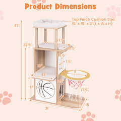 47 Inches Wooden Cat Tree with 2-Story Cat Condo and Basketball Hoop Hammock