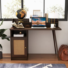 48 Inch Computer Desk with Hutch and PE Rattan Cabinet Shelves