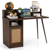 48 Inch Computer Desk with Hutch and PE Rattan Cabinet Shelves