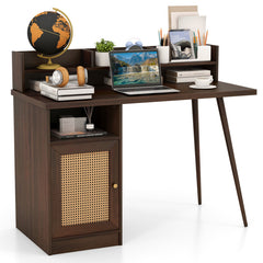 48 Inch Computer Desk with Hutch and PE Rattan Cabinet Shelves