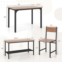 4 Pieces Rustic Dining Table Set with 2 Chairs and Bench