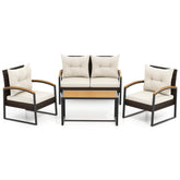 4 Pieces Patio Conversation Set with Acacia Wood Armrests and Tabletop and Cushions