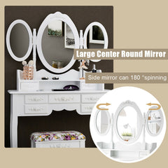 Vanity Set with Tri-Folding Mirror and Cushioned Stool