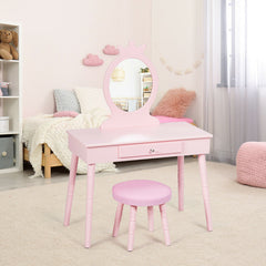 Kids Vanity Set with Tri-fold Lighted Mirror Detachable Top and Stool