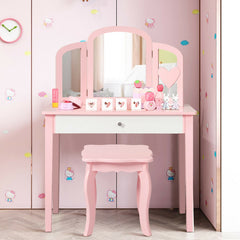 Kids Princess Make-Up Dressing Table with Tri-folding Mirror and Chair