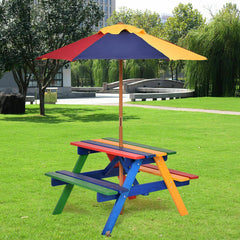 Outdoor 4-Seat Kids Picnic Table Bench Set with Removable Umbrella