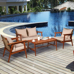 4 Pieces Acacia Wood Patio Rattan Furniture Set with Zippered Cushions
