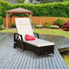 Patio Wicker Chaise Lounge Chair with Wheels Adjustable Reclining Chair with Cushions