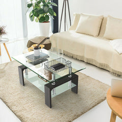 Rectangular Tempered Glass Coffee Table End Side Table with Shelf