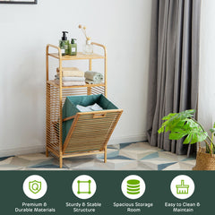 Tilt-out Bamboo Laundry Hamper with 2-Tier Shelf and Removable Liner