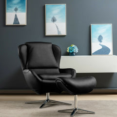 360° Swivel Leather Lounge Chair with Ottoman and Aluminum Alloy Base