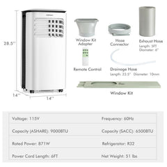 9000 BTU(Ashrae) Portable Air Conditioner with Fan and Dehumidifier