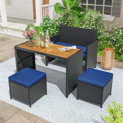 4 Piece Outdoor Dining Set with Wood Topped Dining Table, Rattan Loveseat Chair and 2 Ottomans