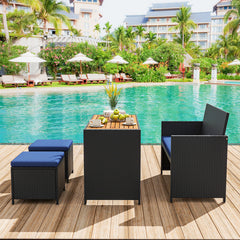 4 Piece Outdoor Dining Set with Wood Topped Dining Table, Rattan Loveseat Chair and 2 Ottomans