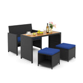 4 Piece Outdoor Dining Set with Wood Topped Dining Table, Rattan Loveseat Chair and 2 Ottomans