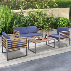 4 Piece Patio Acacia Wood Conversation Set with Soft Seat