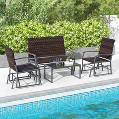 4 Piece Patio Gliding Set Wicker Swing Glider Furniture Set All Weather with Tempered Glass Coffee Table