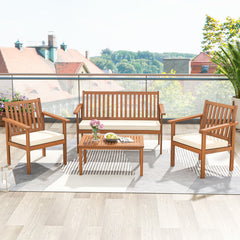 4 Pieces Patio Wood Furniture Set Acacia Wood Sofa Set with Loveseat
