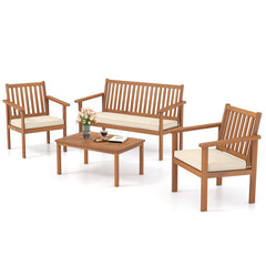 4 Pieces Patio Wood Furniture Set Acacia Wood Sofa Set with Loveseat