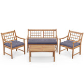 4 Piece Wood Patio Furniture with Armchairs Loveseat and Coffee Table