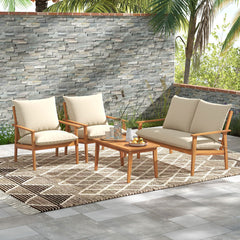 4 Pieces Outdoor Acacia Wood Conversation Set with Soft Cushions and Coffee Table