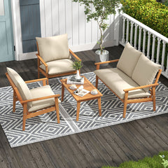 4 Pieces Outdoor Acacia Wood Conversation Set with Soft Cushions and Coffee Table