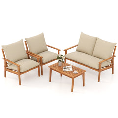 4 Pieces Outdoor Acacia Wood Conversation Set with Soft Cushions and Coffee Table