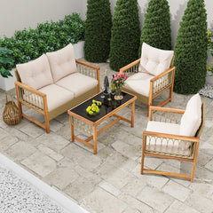 4 Pieces Outdoor Patio PE Wicker Conversation Bistro Set with Acacia Wood Frame