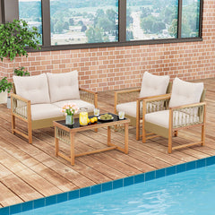 4 Pieces Outdoor Patio PE Wicker Conversation Bistro Set with Acacia Wood Frame