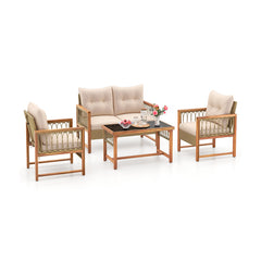 4 Pieces Outdoor Patio PE Wicker Conversation Bistro Set with Acacia Wood Frame