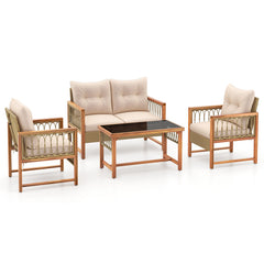 4 Pieces Outdoor Patio PE Wicker Conversation Bistro Set with Acacia Wood Frame